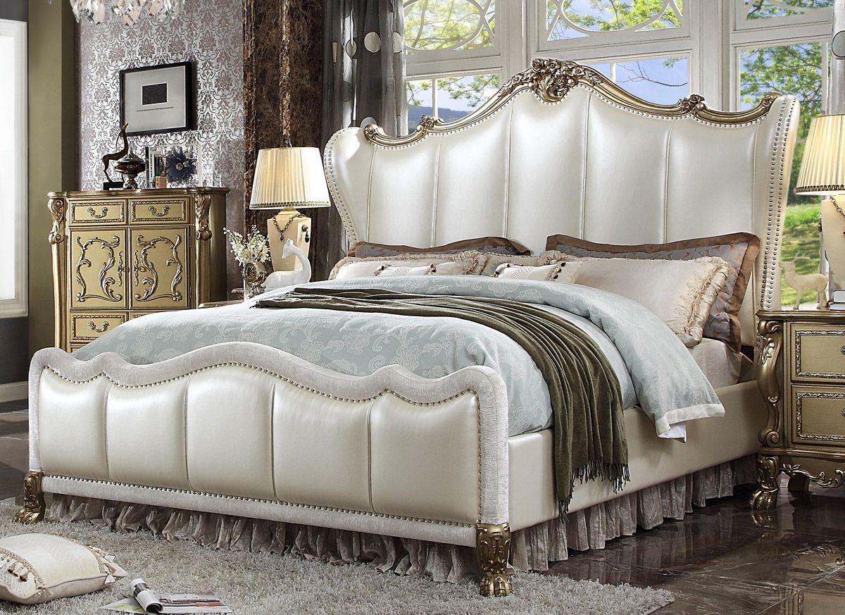 Dresden Pearl White Leather Traditional Style Bed
