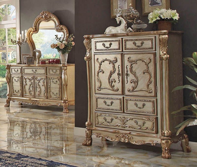 Dresden Gold Patina Dresser Mirror and Chest