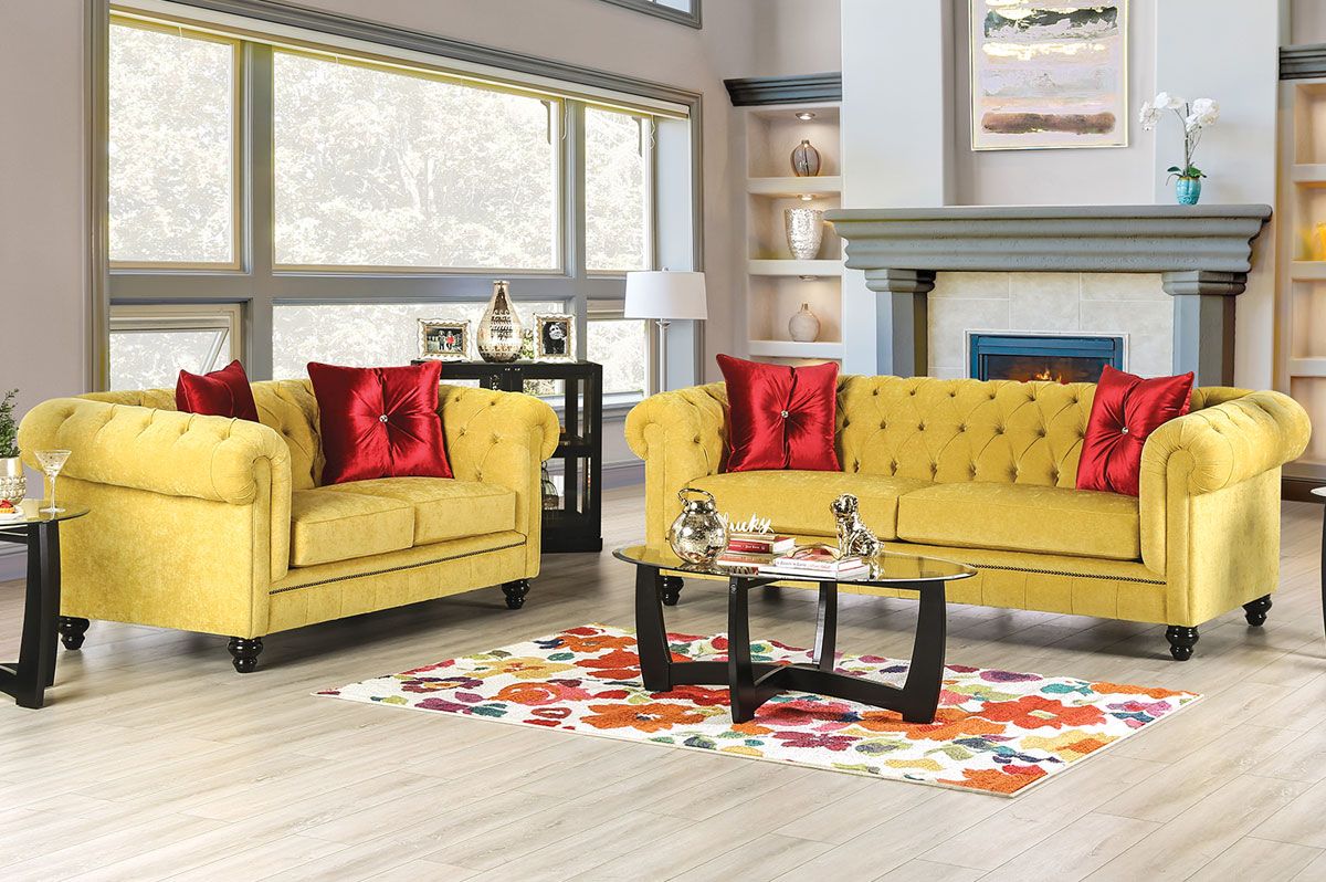 Elisa Yellow Microfiber Chesterfield Sofa Set