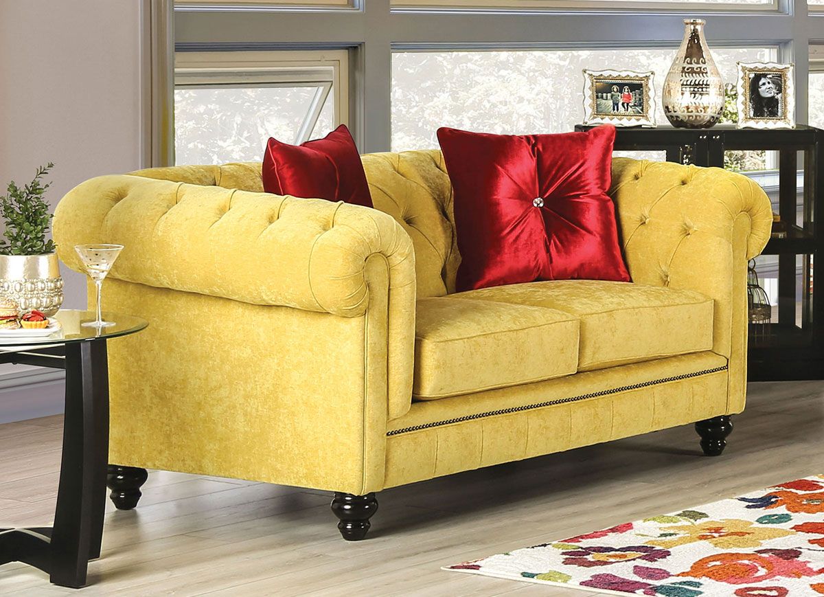 Elisa Yellow Microfiber Chesterfield Loveseat