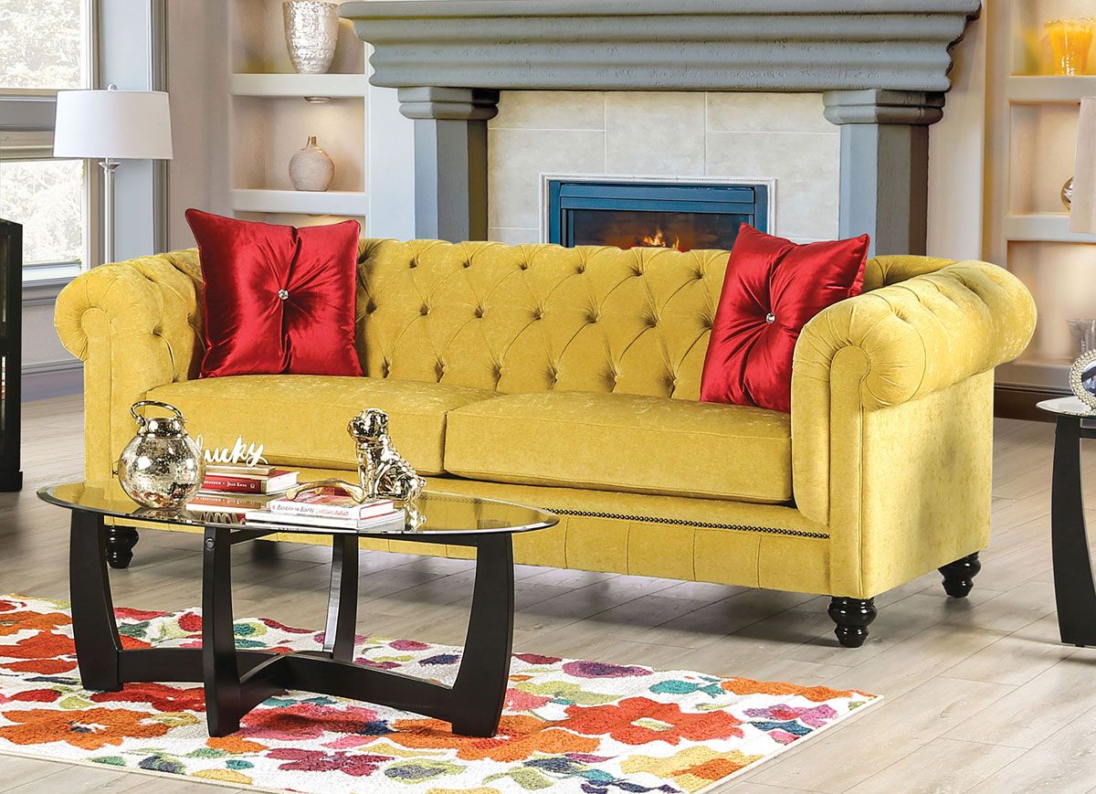 Elisa Yellow Microfiber Chesterfield Sofa