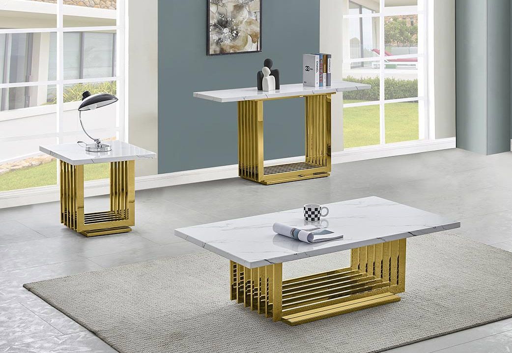 Ella Gold Finish Marble Top Coffee Table Set