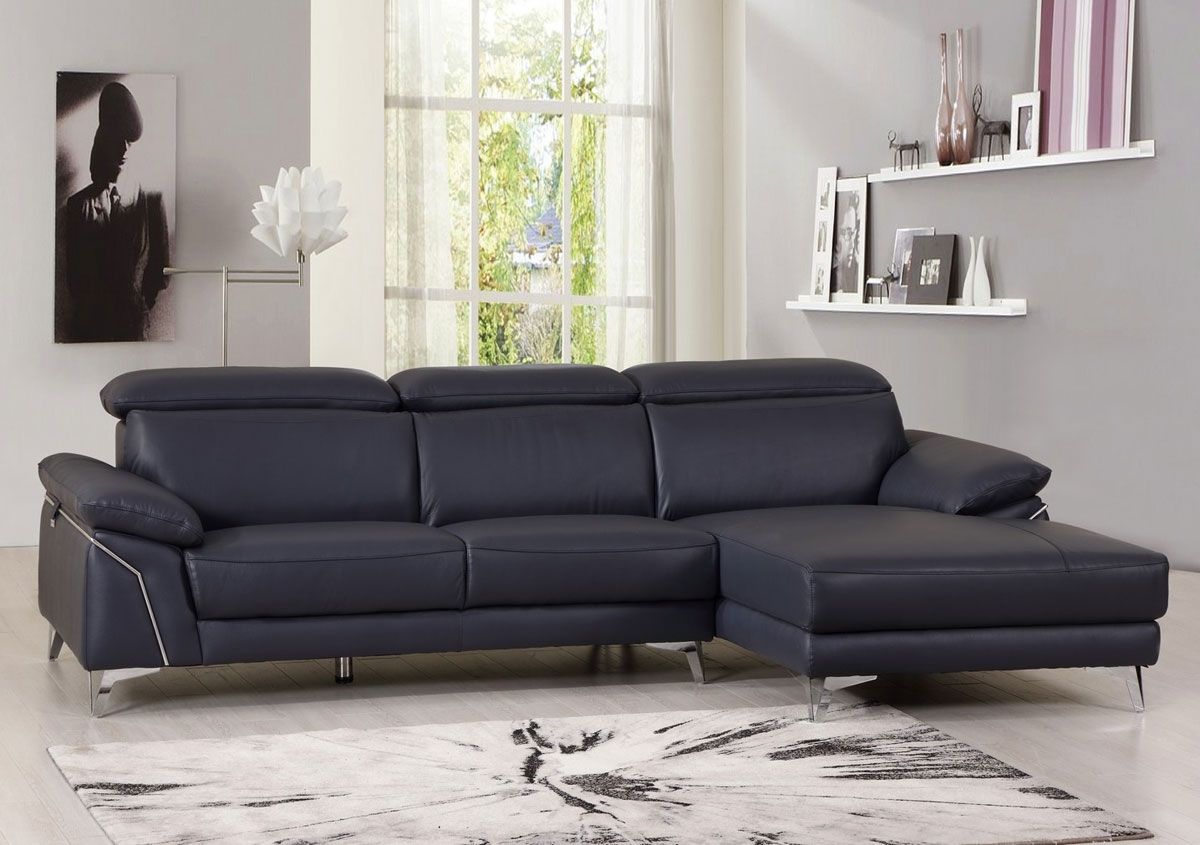 Navy Blue Leather Modern Sectional