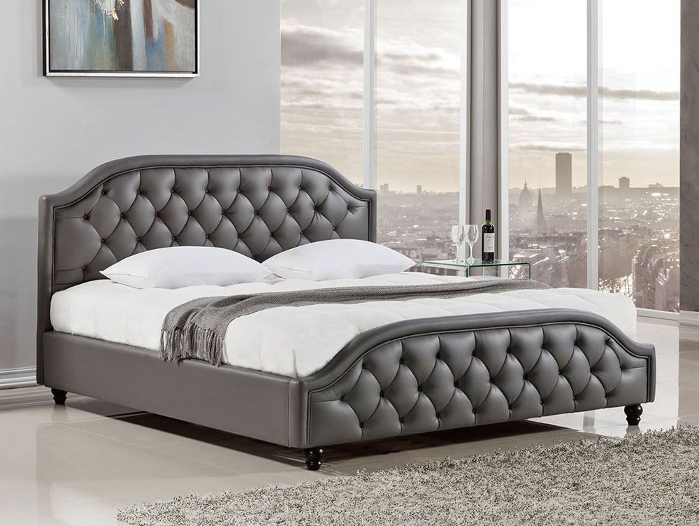 Emily Button Tufted Grey Leather Bed