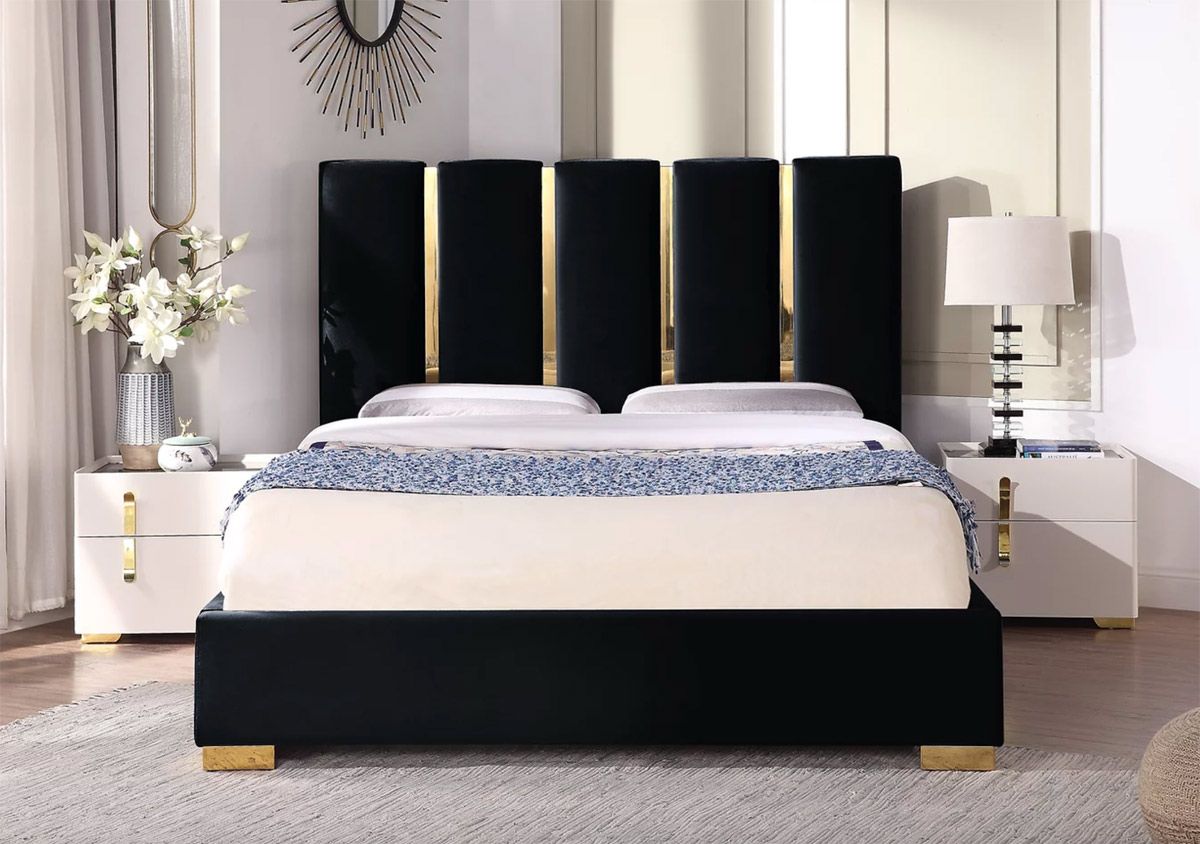 Ersilia Black Velvet Bed With Gold Accents