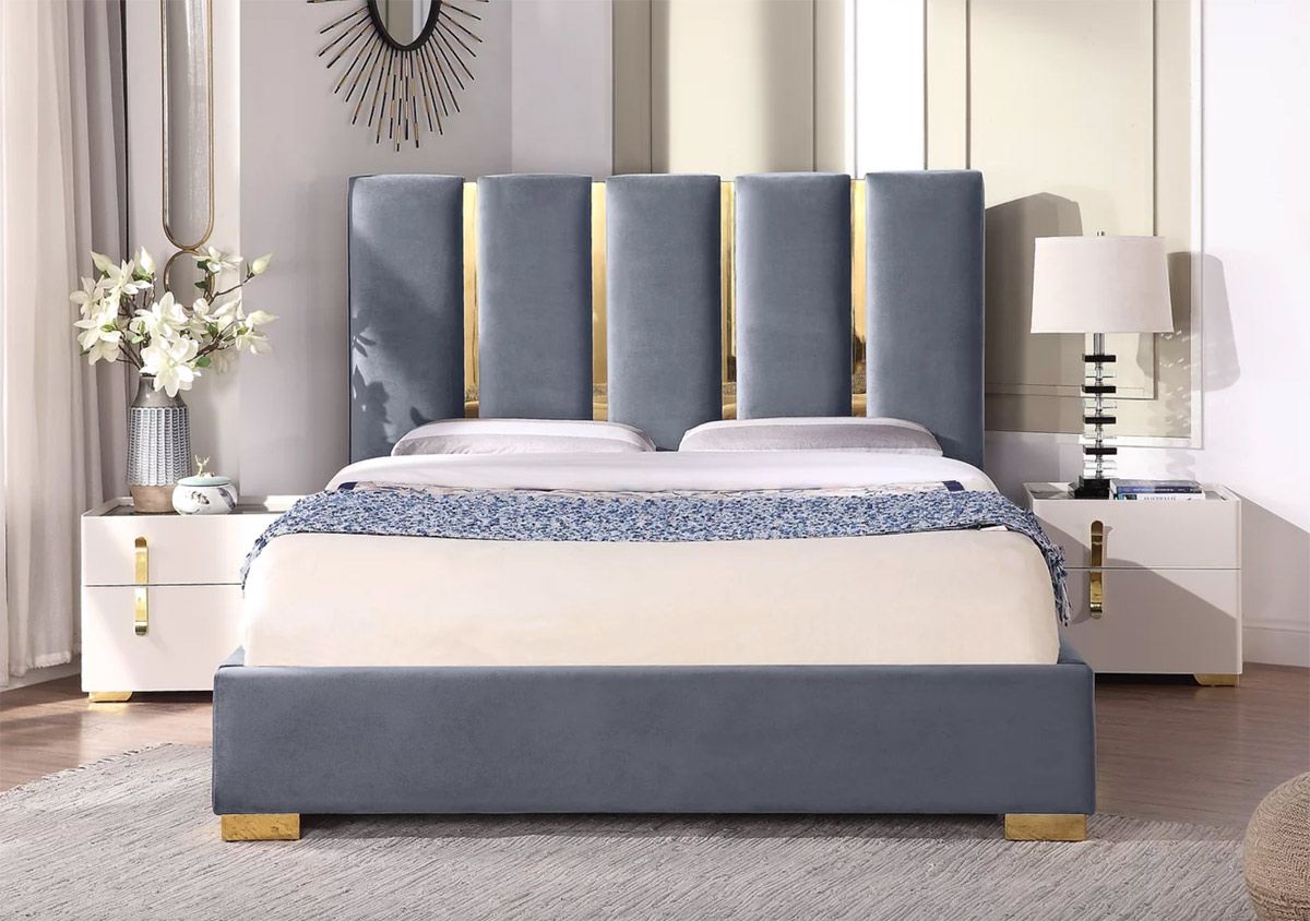 Ersilia Grey Velvet Bed With Gold Accents