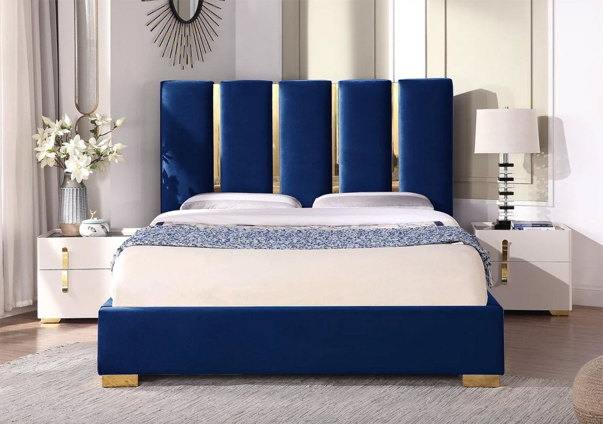 Ersilia Navy Velvet Bed With Gold Accents