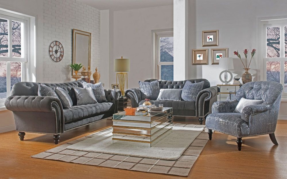 Esra Chesterfield Living Room Grey Velvet