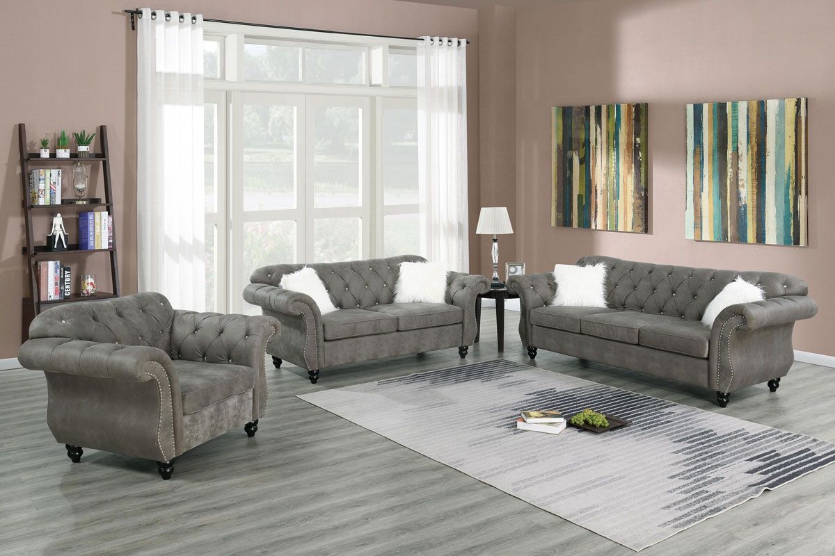 Esther Grey Nubuck Chesterfield Sofa Set