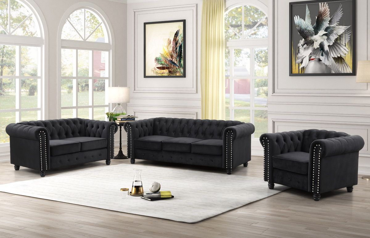 Evart Black Velvet Chesterfield Living Room