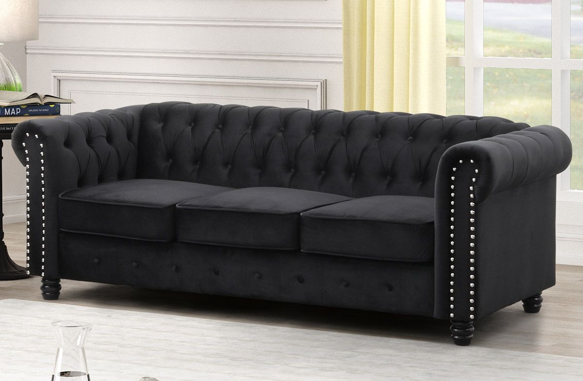 Evart Black Velvet Chesterfield Sofa