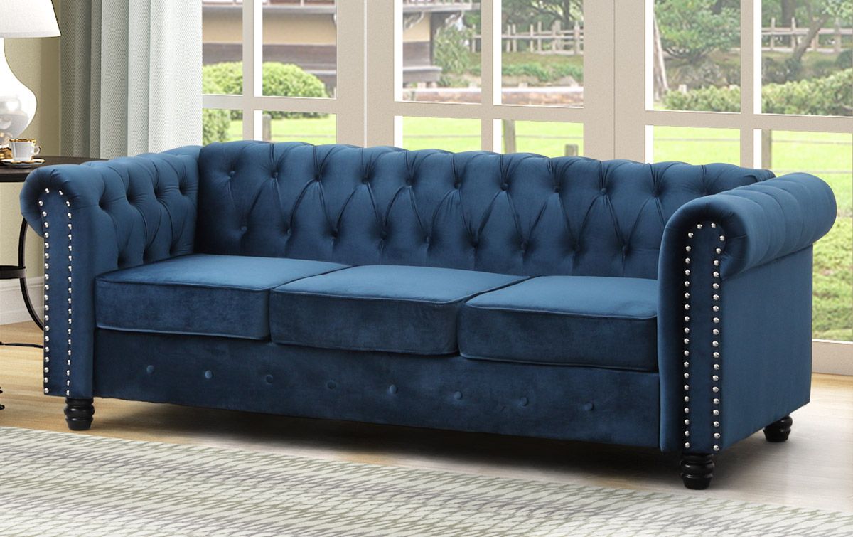 Evart Blue Velvet Chesterfield Sofa
