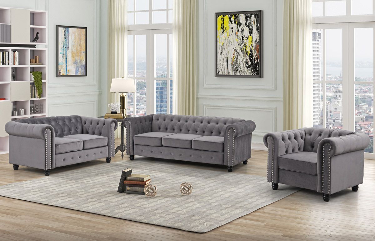 Evart Grey Velvet Chesterfield Sofa Set