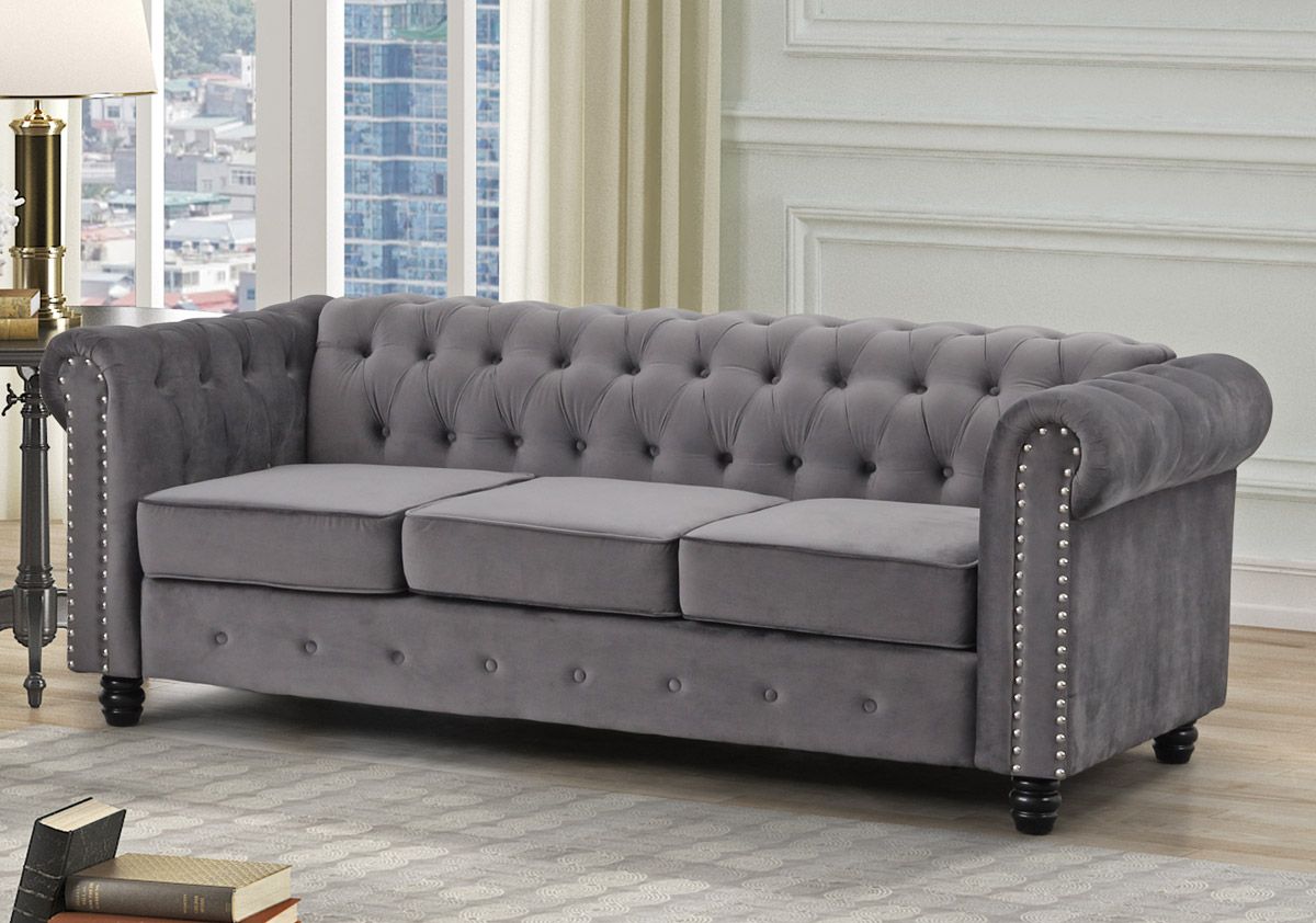 Evart Grey Velvet Chesterfield Sofa