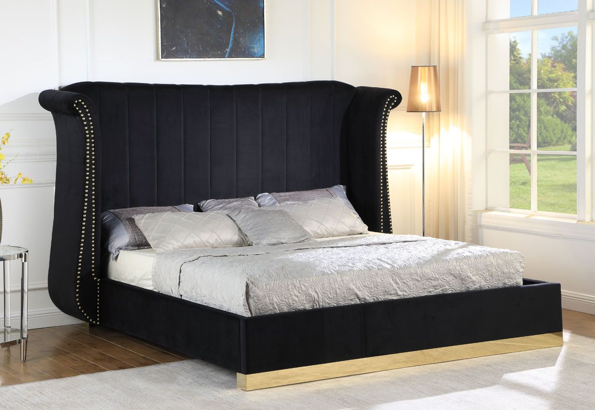 Evie Black Velvet Bed Gold Trim