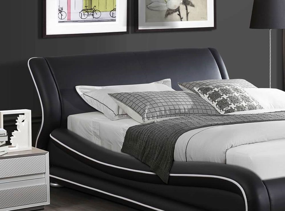 Exton Black Leather Bed White Lines