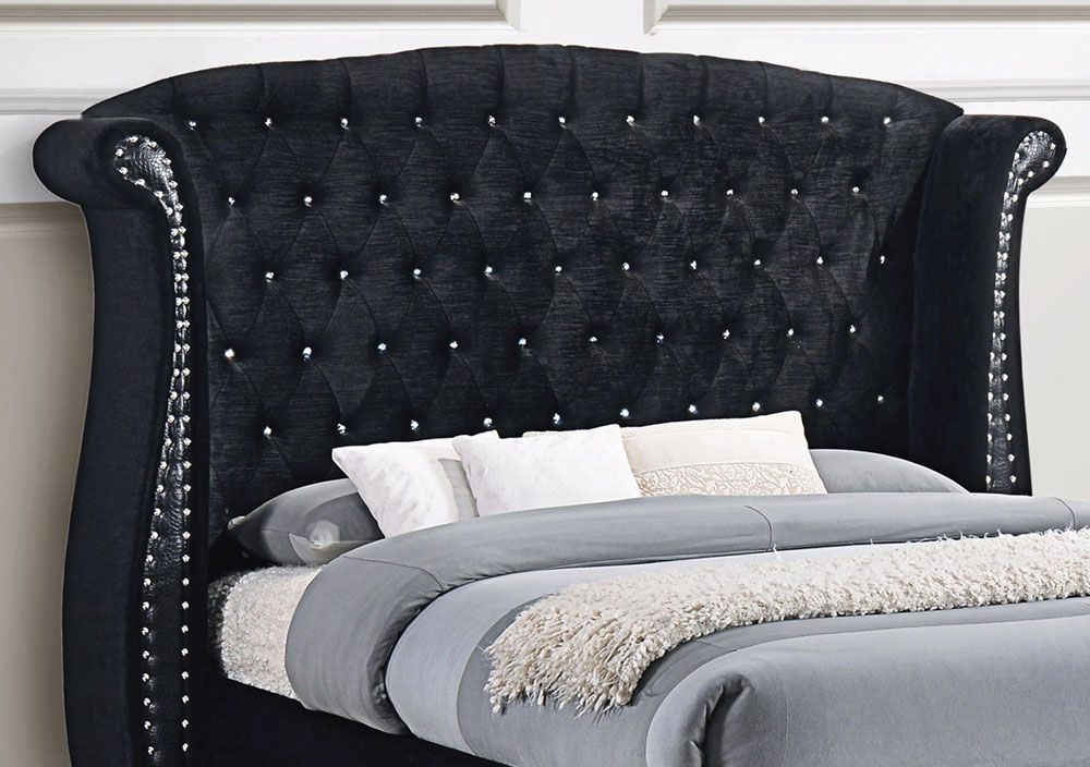 Farin Black Velvet Crystal Tufted Headboard