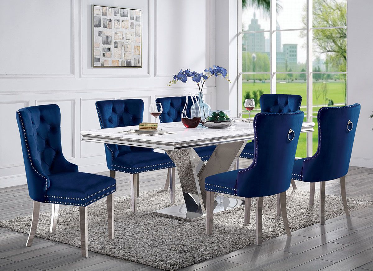 Farren Marble Top Dining Table With Navy Chairs