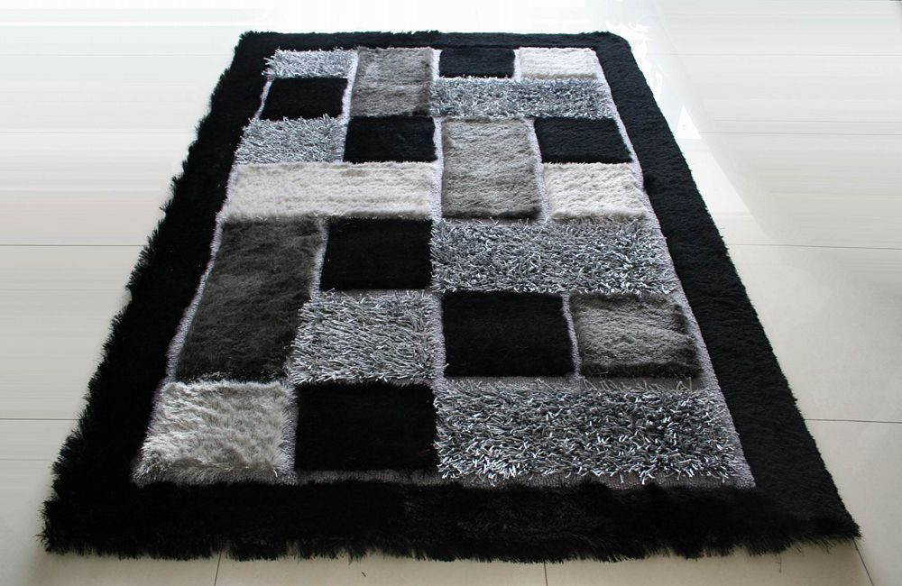 Shaggy Marble Viscose 30 Black Hand Tufted