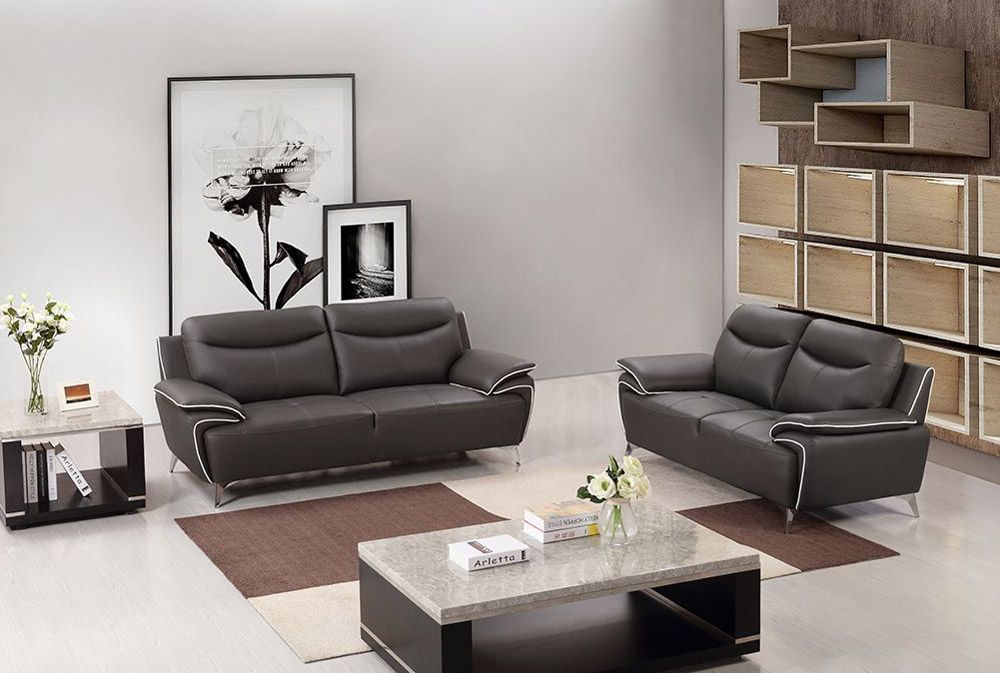 Fracer Dark Taupe Leather Modern Sofa