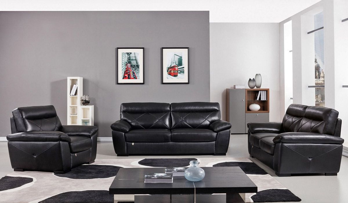 Galore Black Italian Leather Sofa Set