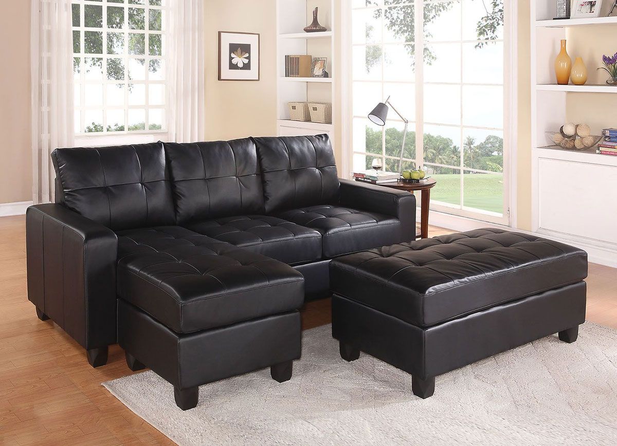 Gary Black Leather Sectional With Ottoman