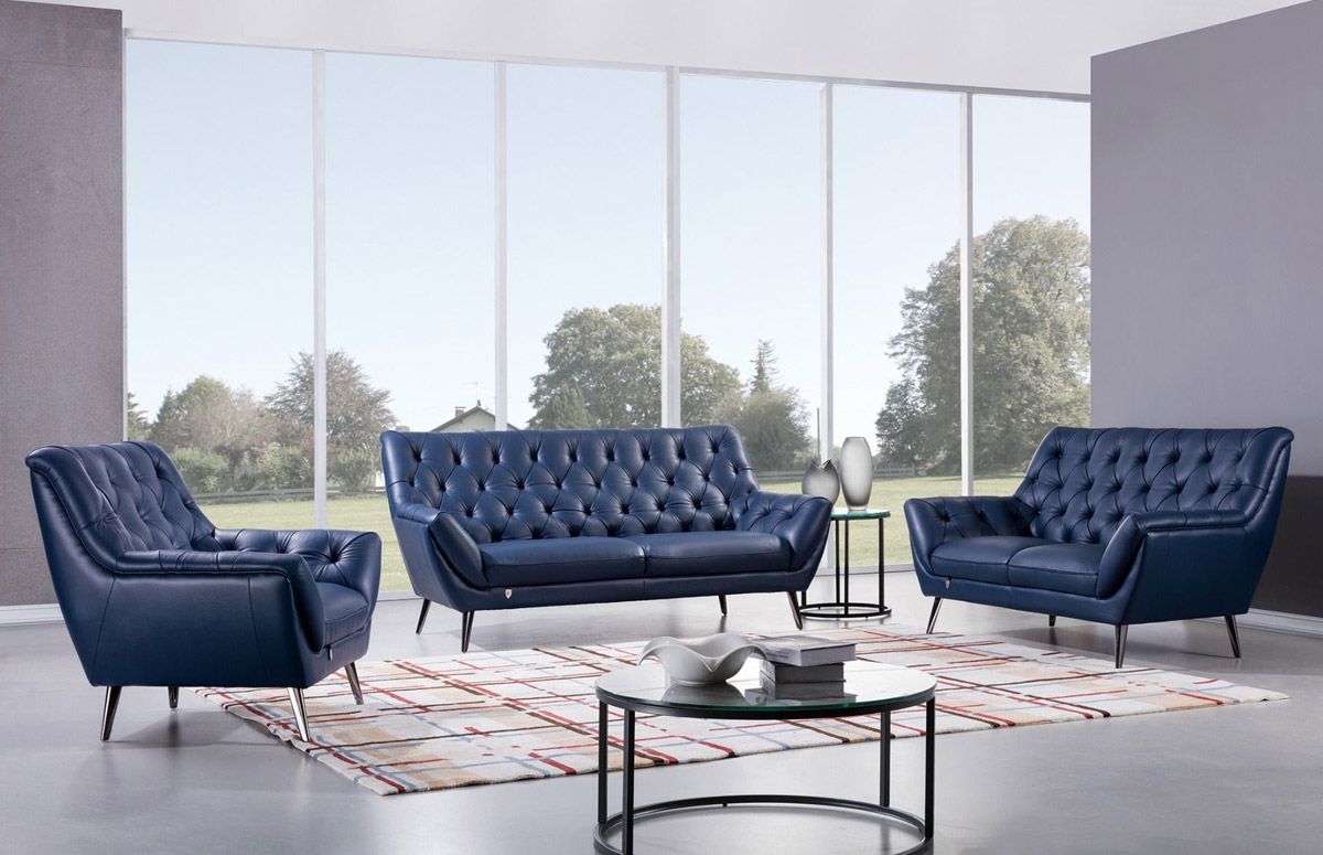 Gerard Navy Blue Italian Leather Sofa Set