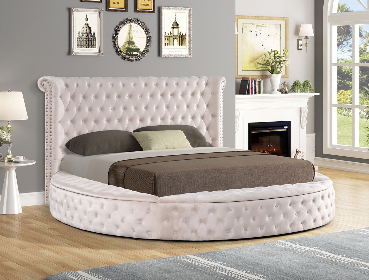 Gerbera Beige Tufted Velvet Round Bed