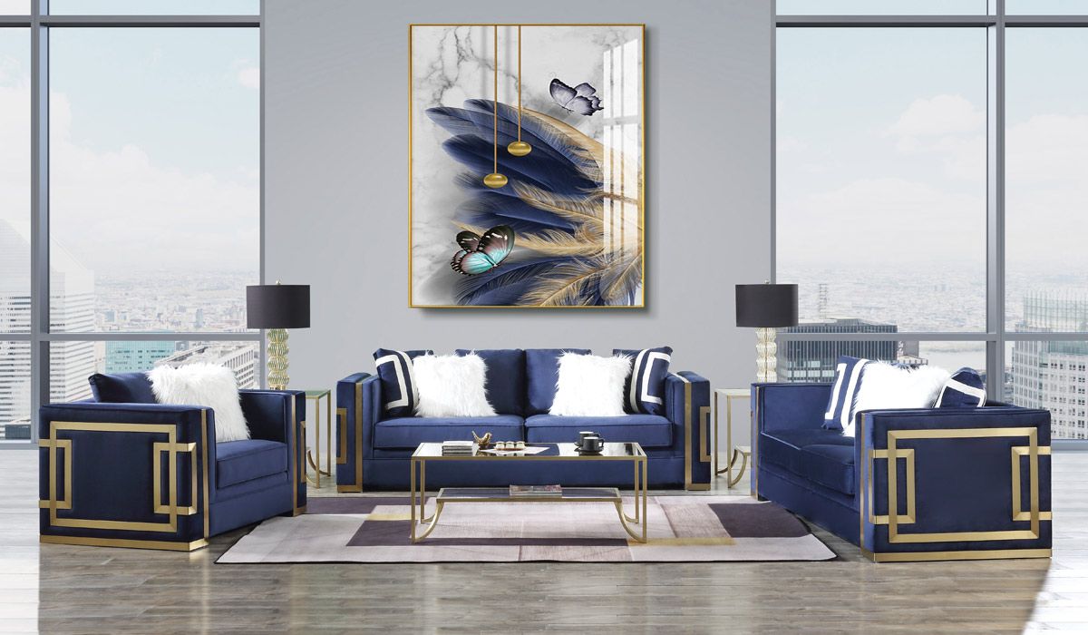 Graham Blue Velvet Sofa Gold Accents