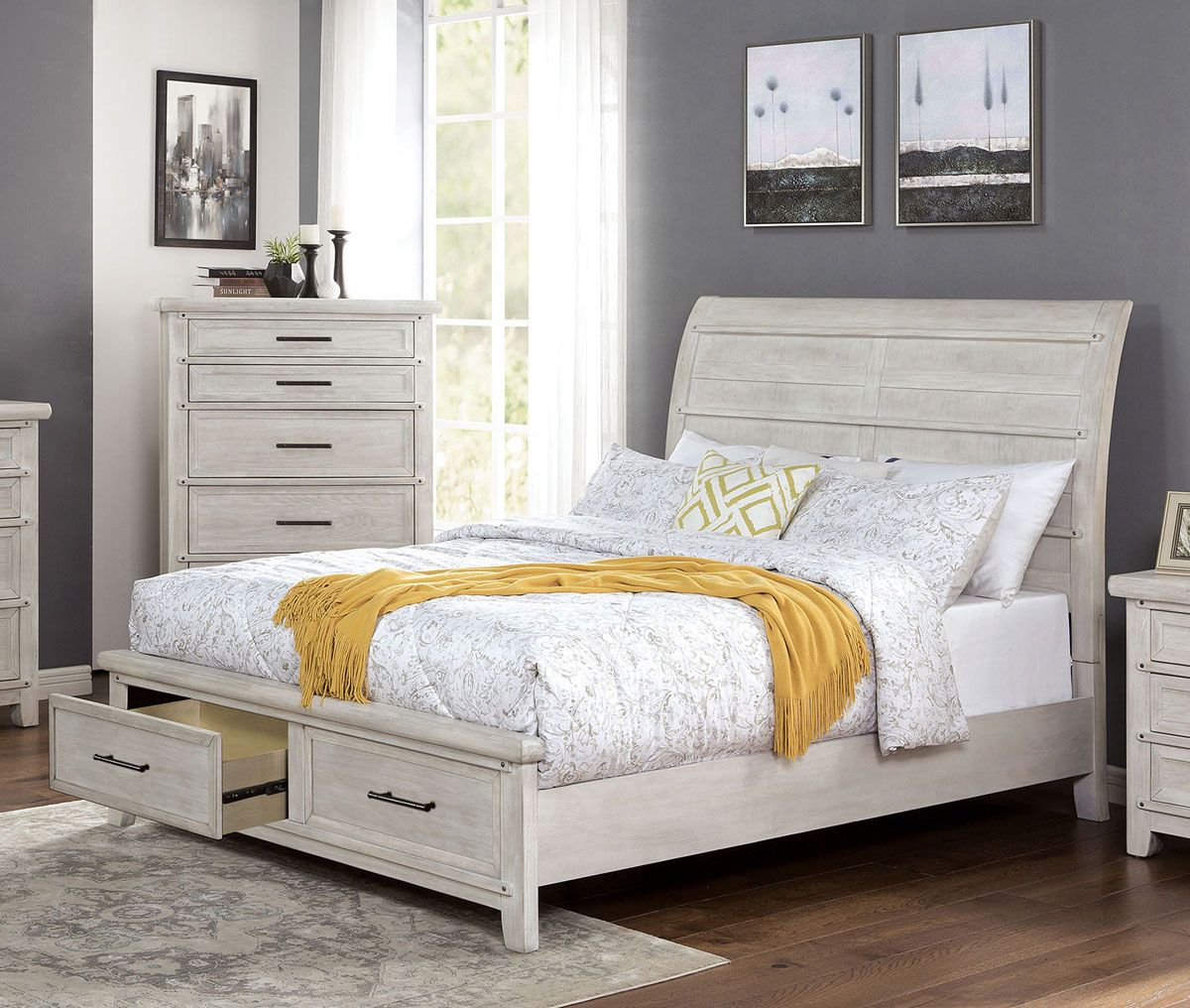 Granada Rustic White Finish Bed With Drawers