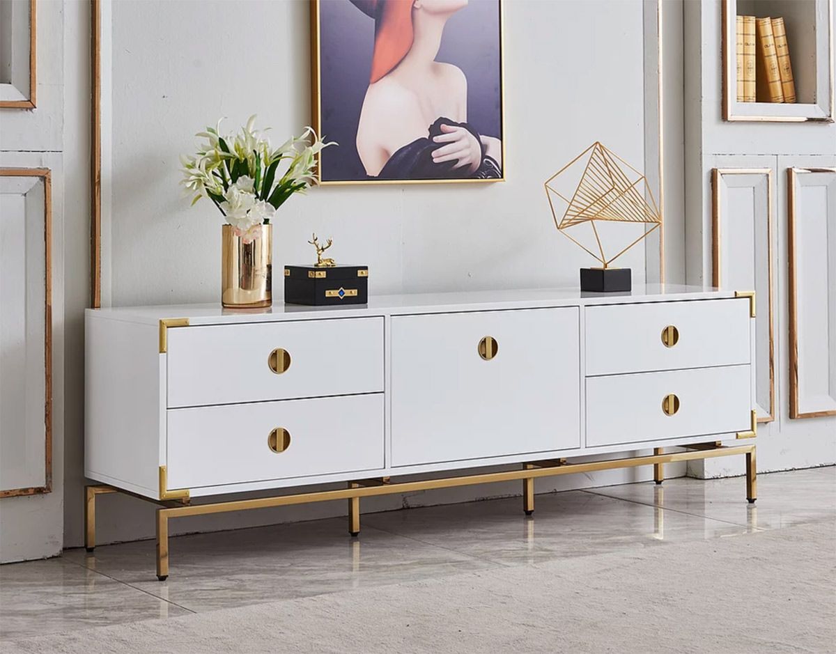 Hagelin White TV Stand With Gold Accents