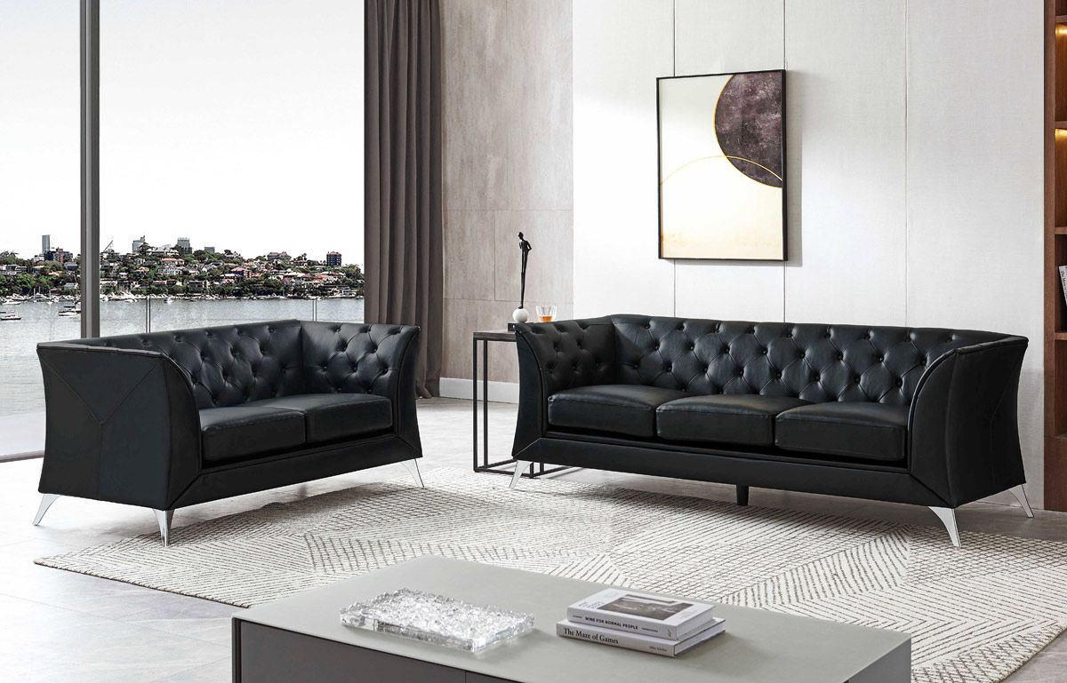 Hanover Tufted Black Leather Sofa Set