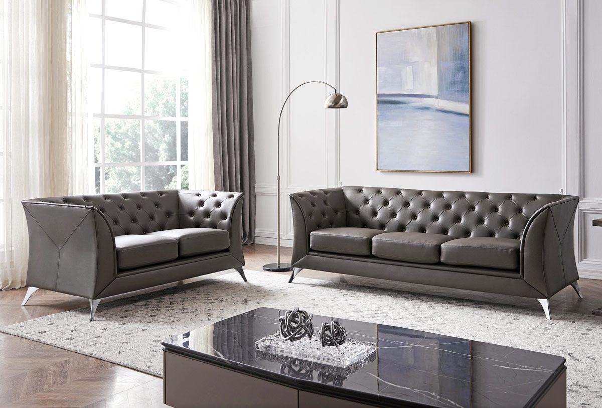 Hanover Tufted Grey Leather Sofa Set