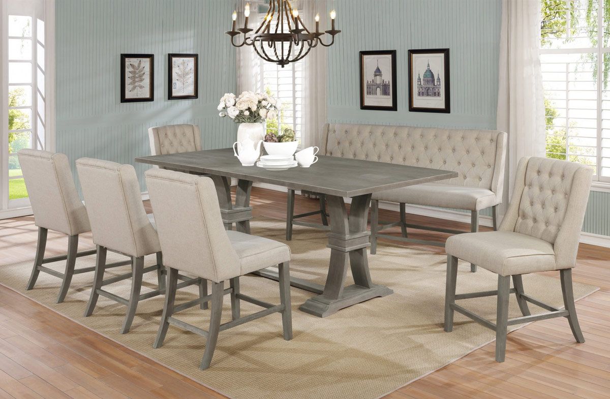Hawn Rustic Grey Counter Height Table With Beige Chairs