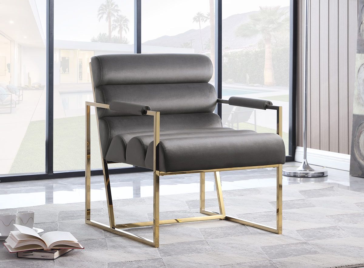 Helia Grey Velvet Modern Accent Chair Gold Frame