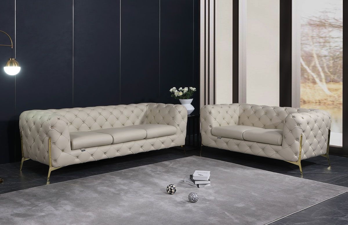 Hendrix Beige Italian Leather Tufted Sofa Set