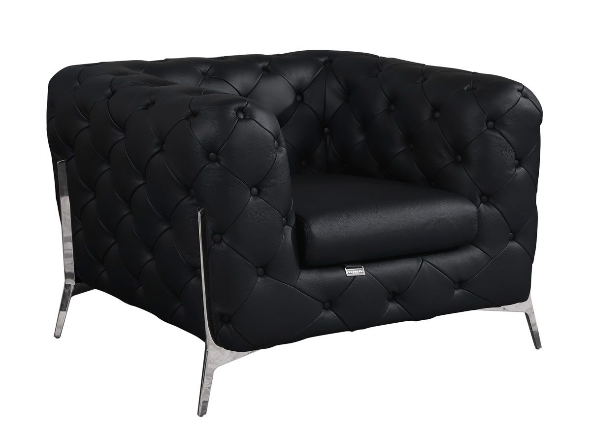 Hendrix Black Italian Leather Modern Chesterfield Chair