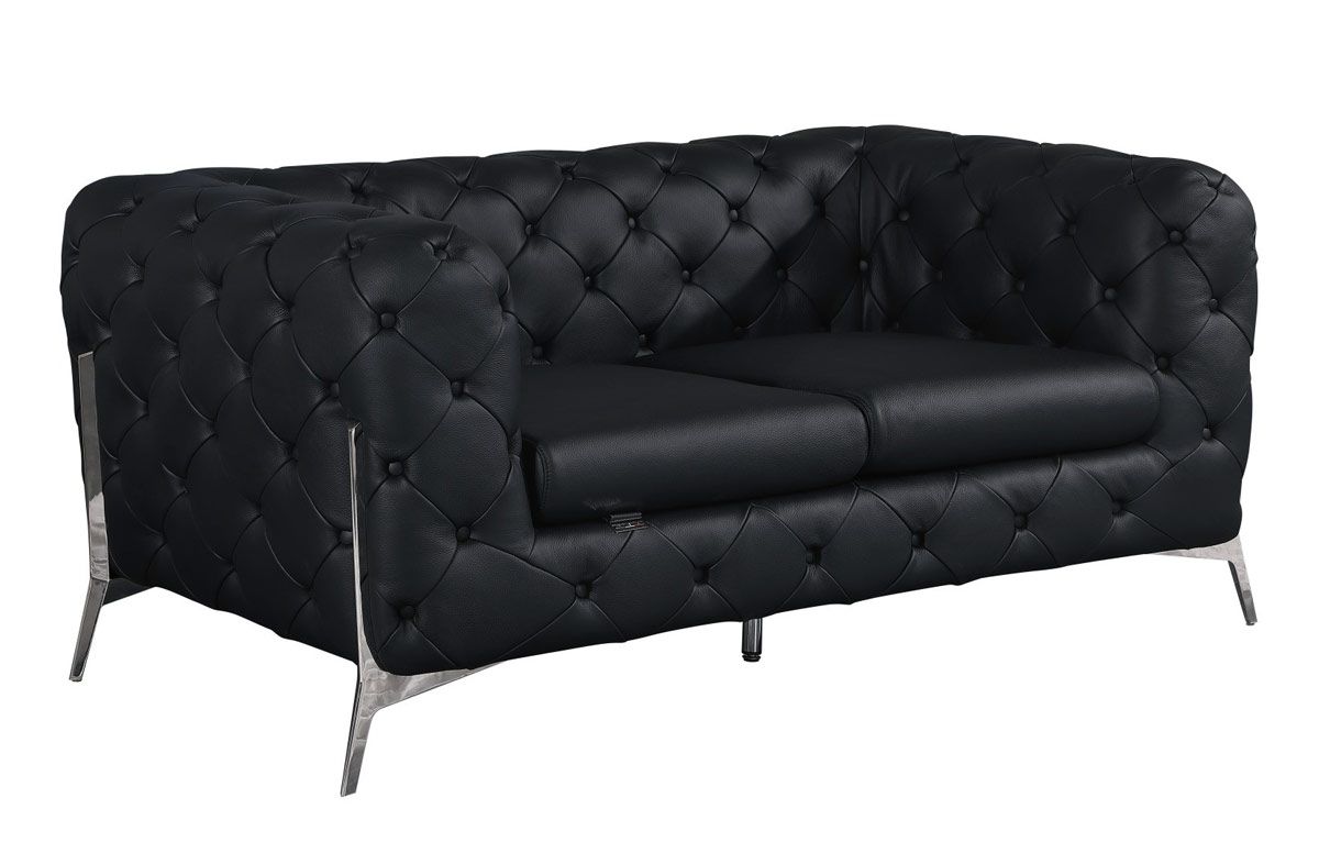 Hendrix Black Italian Leather Modern Chesterfield Loveseat