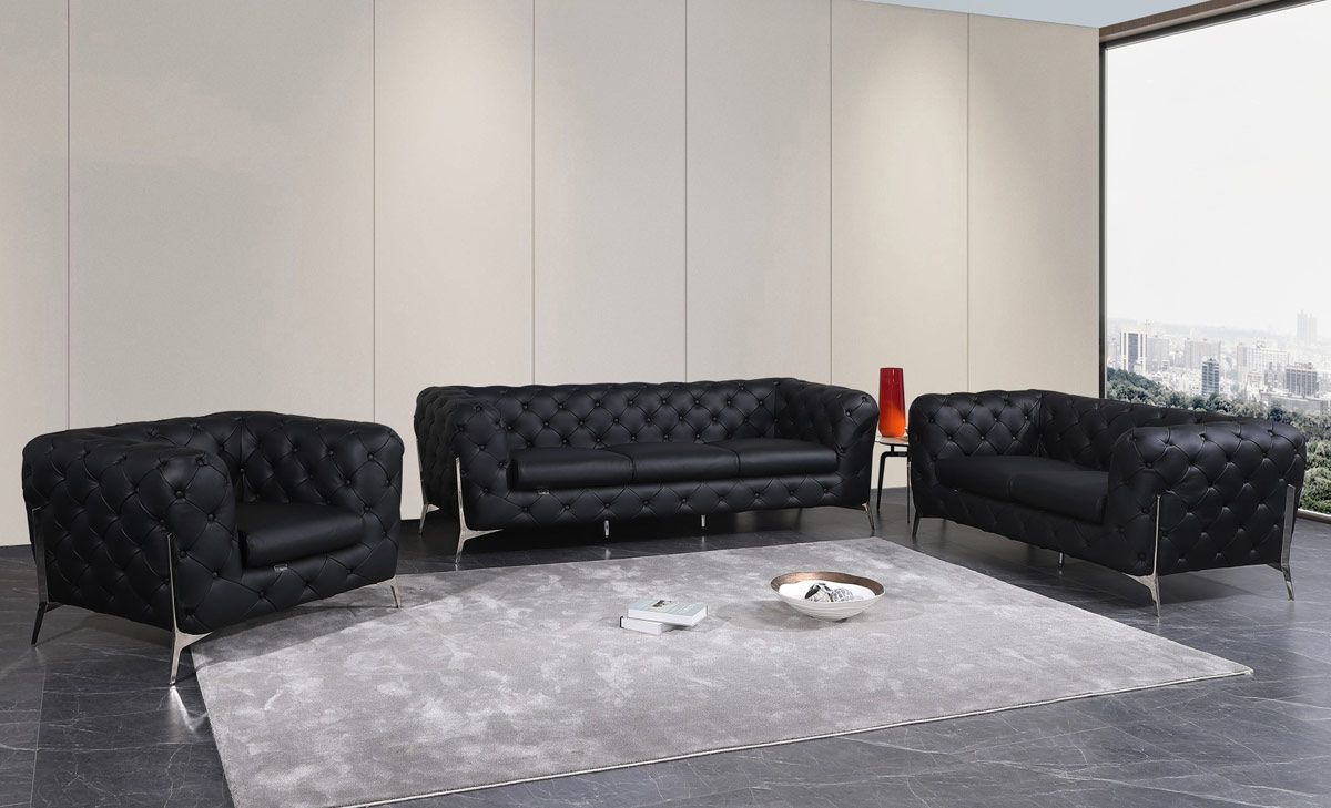Hendrix Black Italian Leather Chesterfield Sofa Set