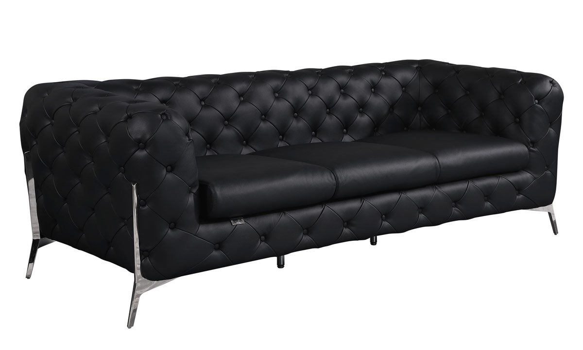 Hendrix Black Italian Leather Modern Chesterfield Sofa