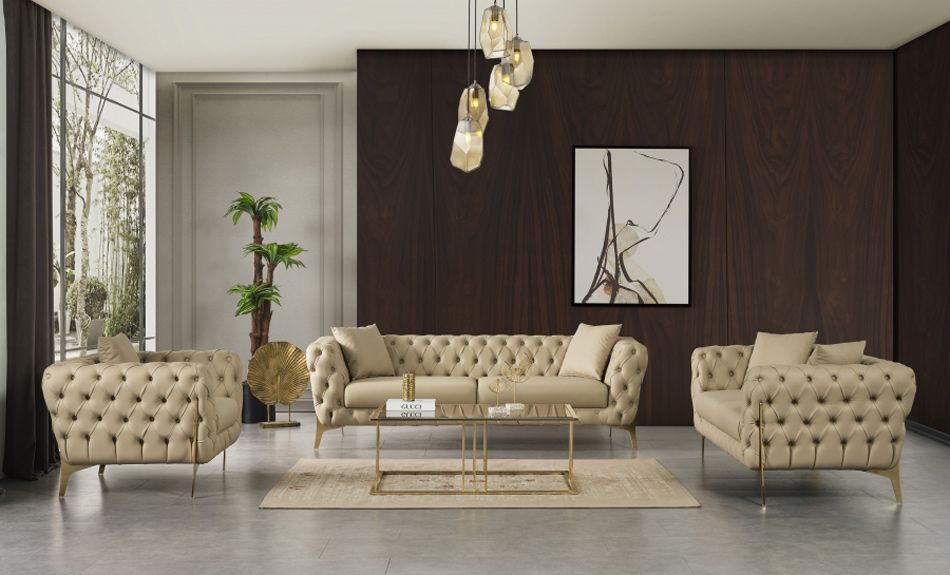 Herbert Beige Tufted Leather Sofa Set