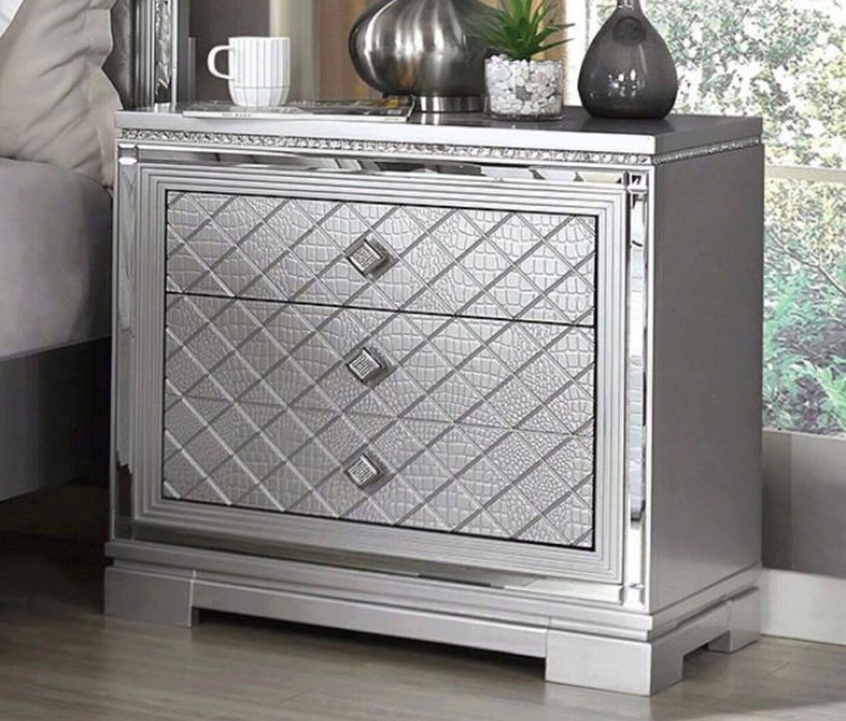 Hillary Silver Finish Mirrored Night Stand