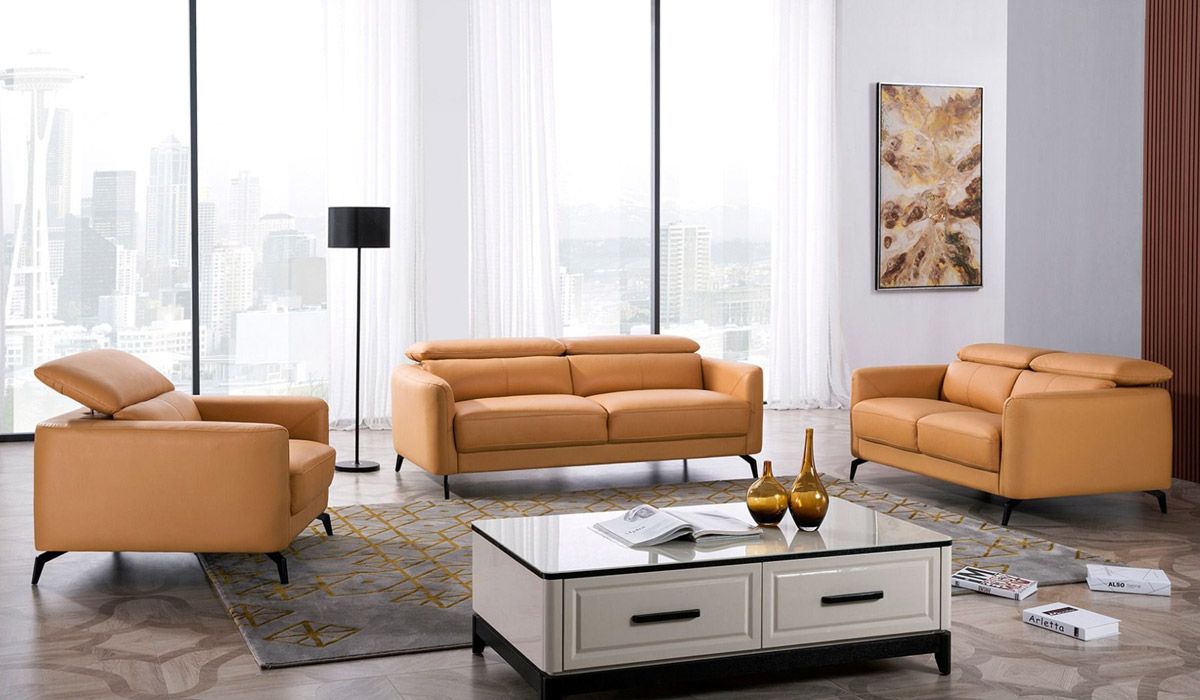 Holborn Yellow Leather Modern Sofa Set