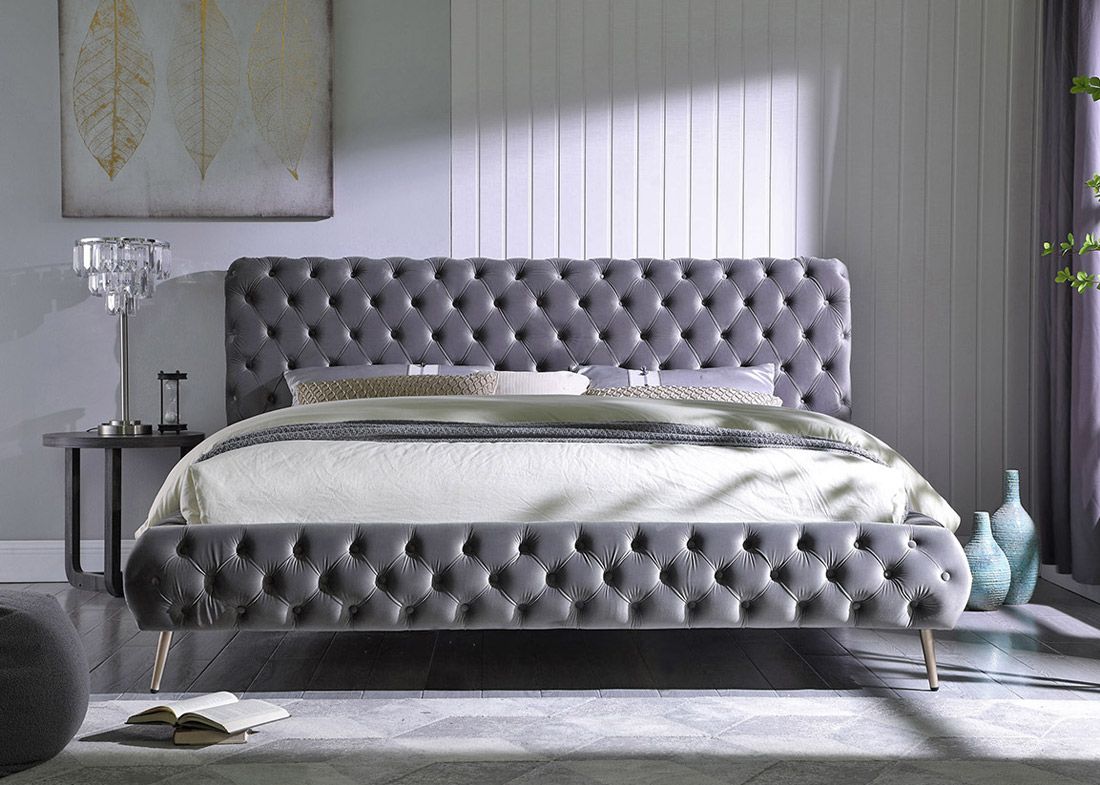 Impulse Tufted Grey Velvet Modern Bed