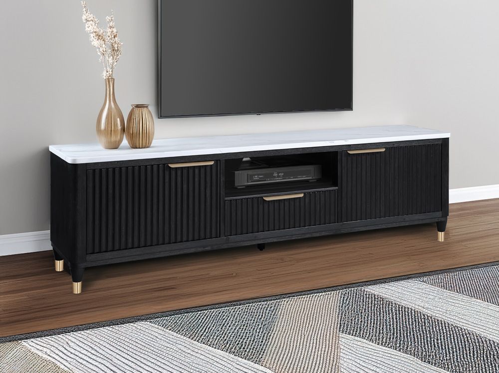 Iness Black 84-Inch TV Stand With Faux Marble Top