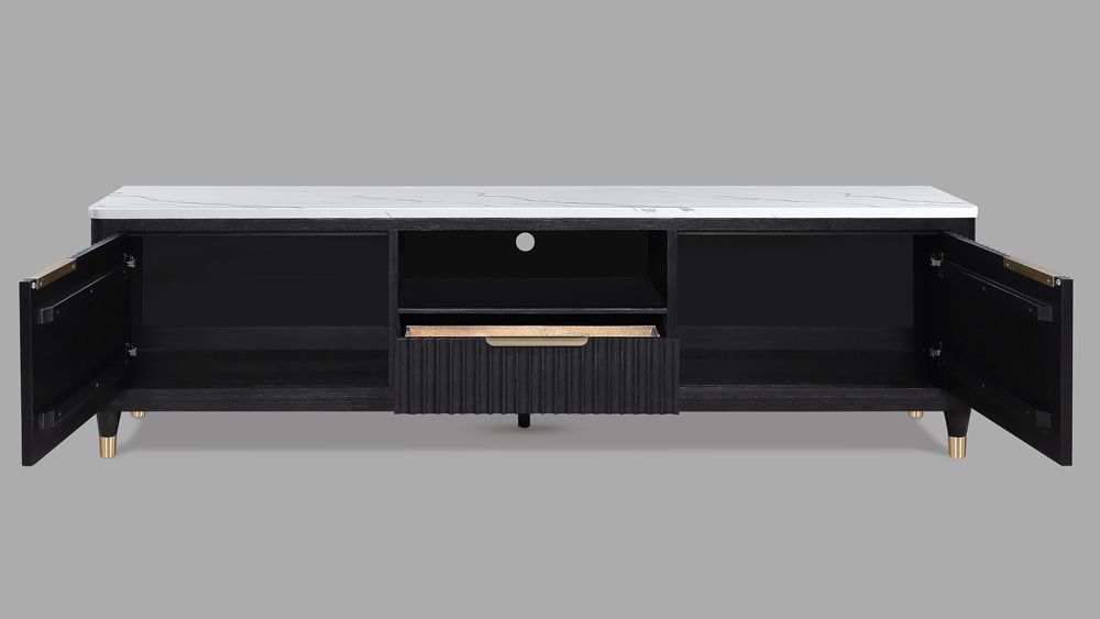 Iness Fluted Black 84-Inch TV Stand With Faux Marble Top