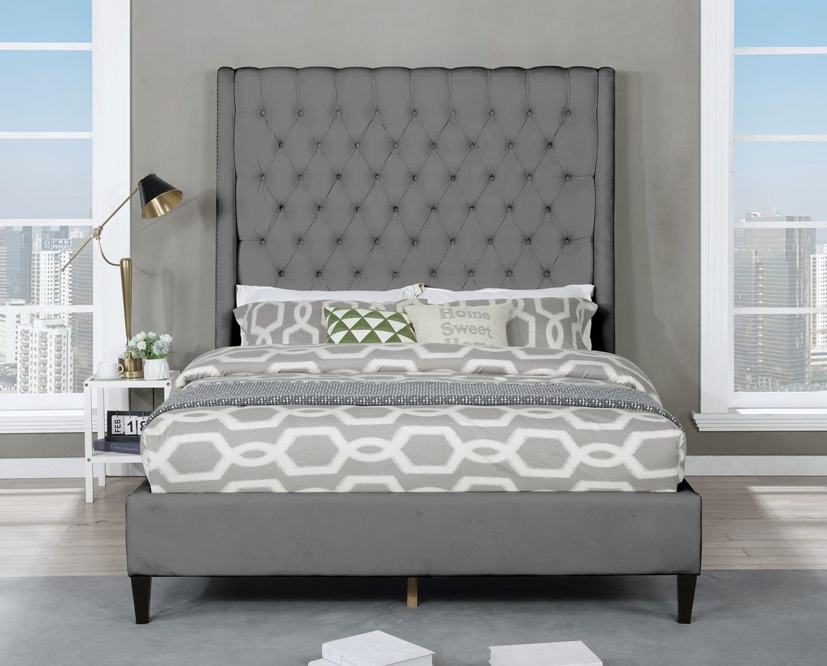 Jayden Tufted Grey Velvet Bed Tall Headboard