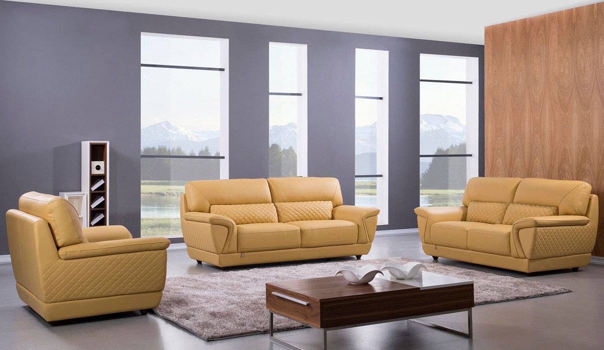 Jaylen Yellow Italian Leather Sofa Set