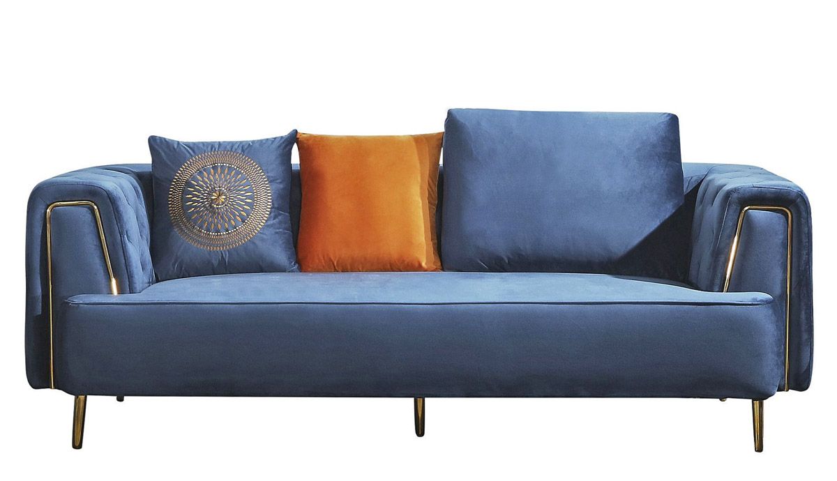 Jean Blue Velvet Sofa With Gold Trim