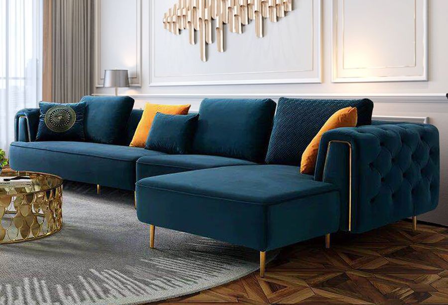 Jean Navy Velvet Sectional Gold Trim